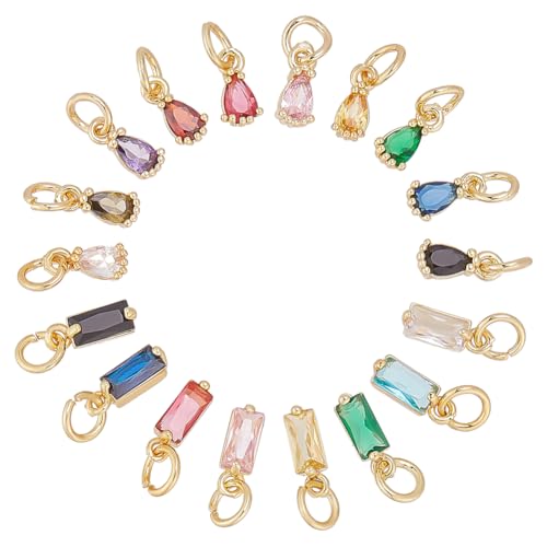 18Pcs 18 Styles Faceted Cubic Zirconia Charms, 18K Gold Plated Teardrop Rectangle Crystal Charm Pendants with Jump Shiny Ring CZ Stone Dangle Charms for Jewelry Accessory Making DIY Gift
