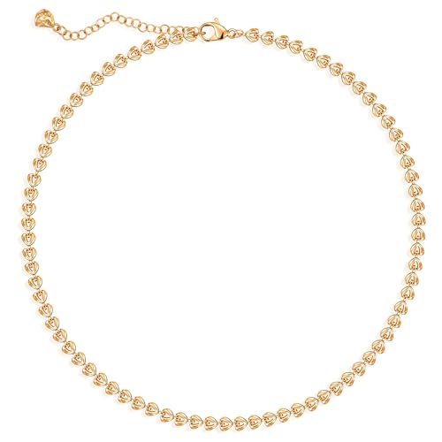 Dremmy Studios Dainty Gold Choker Necklace for Women 14K Gold Plated Coin Disc Figaro Layered Beaded Flat Mariner Sideways Cross Wishbone Link Clavicle Necklaces - style: 4.0mm Heart Chain