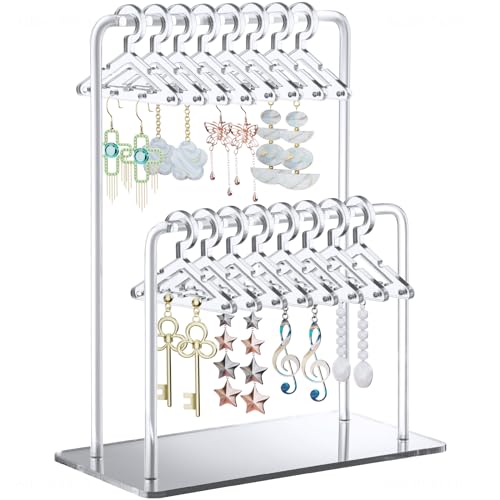 NiHome Acrylic Earring Holder with Unique Double-Tiered Design, Cute Miniature Clothing Hangers with Spacious Storage for 48 Pairs, Mirror-Finish Display for Home Vanity & Retail Showrooms (Silver) - color: Silver, size: Without Tray