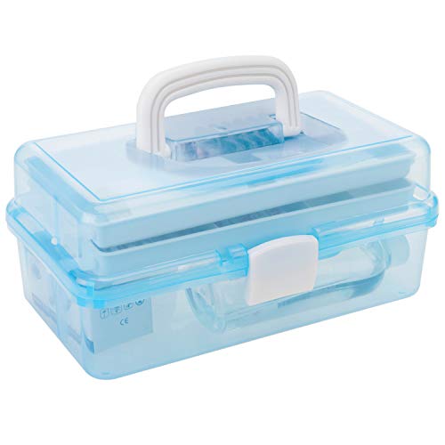 MyGift 13 Inch Transparent Blue Plastic Empty Multipurpose Storage Box with Handle, Latching Lid and 2 Expandable Trays for Tools, First Aid, Sewing Kit, Arts Crafts Supplies - color: Transparent Blue