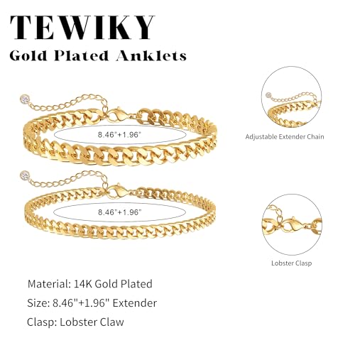 Tewiky Waterproof Ankle Bracelets for Women,Chunky Layered Gold Anklet for Women Non Tarnish Adjustable Cuban Set Stackable Summer Beach Jewelry Gift - color: gold