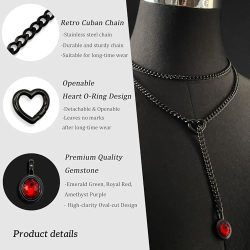 Heart Slip Chain Necklace for Women, 39 Inch Cuban Chain, Removable Heart O-Ring, Crystal Pendant, Adjustable Stainless Steel Y-Necklace - color: Black-Red