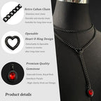 Heart Slip Chain Necklace for Women, 39 Inch Cuban Chain, Removable Heart O-Ring, Crystal Pendant, Adjustable Stainless Steel Y-Necklace - color: Black-Red