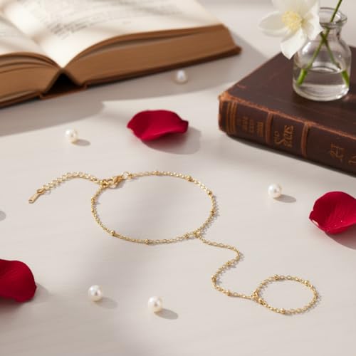 Gold Bracelets for Women Hand Chain Bracelet Stack Stainless Steel Non Tarnish Beach Jewelry Dainty Womens Bracelets Summer Essentials Trendy Handchain Link Bracelets for Women - color: Gold Bead Chain