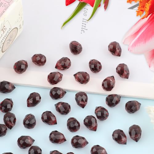 100pcs Burgundy Faceted Crystal Glass Beads 8x10mm, Shiny Teardrop Glass Beads for Jewelry Making, Crystal Beads for Bracelet Necklace Earring DIY Craft - color: Burgundy