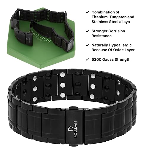 POLLDAN® 3X Power Magnetic Bracelets For Men | 6200 Gauss Strength Mens Titanium Bracelet with Fold-Over Clasp, Adjustable Length, Gift Box, Sizing Tool | Innovative Magnets Alloy - Patent - color: Black
