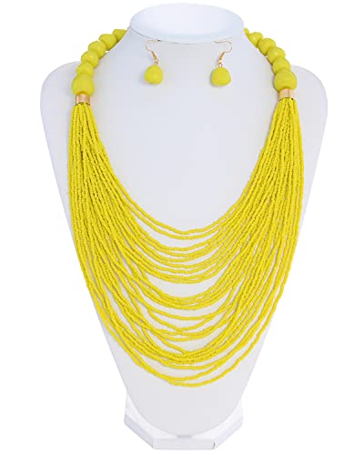 Bocar Necklace for Women, Multi Layer Statement Necklace, Long Chain Chunky Bib Seed Beads Necklace, Necklace Earring Set for Women Gift (NK-10693) - color: Yellow