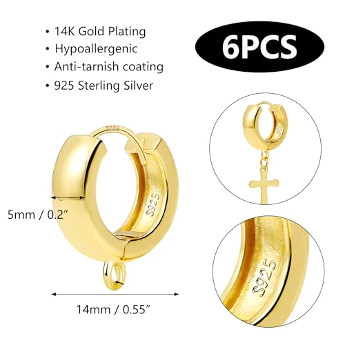 6Pcs 14K Goldplated Earring Hooks Wide Round Ear Huggie Hoop 925 Sterling Silver Dangle Ear Leverback Hooks 14x5mm Flat Wide Thick Gold Huggie Hoop for Earrings Making Supplies Jewelry Findings - color: 6Pcs14x5mmHuggie_Gold