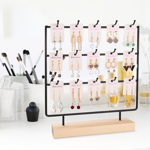 Earring Display Stands for Selling 3 Tier 15 Hooks Jewelry Display Wooden Base Earring Holder Organizer Display Stand for Necklaces Rings Bracelets Keychains (Black)