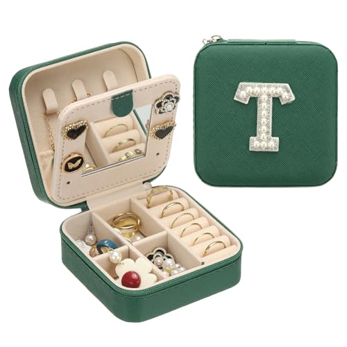 PATIKIL Travel Jewelry Case, T Initial Small Travel Jewelry Box Organizer Rings Earrings Storage Case Personalized Gifts for Women Girls Birthday Christmas Bridesmaid Gifts, Dark Green - style: T