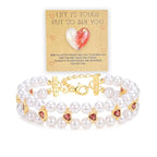 Double Layer Pearl Heart Bracelets for Women, Cubic Zirconia Charm Jewelry, Adjustable Gold Silver Stackable Bracelet Jewelry Set Birthday Gift for Mom Daughter Wife - color: Gold-Red