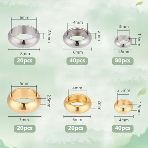 PH PandaHall 220pcs 6 Styles 18K Gold Spacer Beads with Large Hole Stainless Steel Smooth Round Spacer Beads, Flat Round Donut Metal Beads for Jewelry Bracelet Necklace