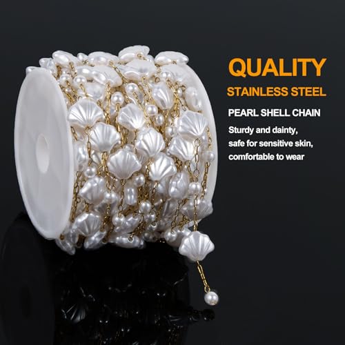 KYUNHOO 16.4FT/5M Artificial Shell Pearl Chain Roll Stainless Steel Paperclip Links Gold Plated Chains for Jewelry Making with Jewelry Connectors - color: Shell Gold