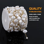 KYUNHOO 16.4FT/5M Artificial Shell Pearl Chain Roll Stainless Steel Paperclip Links Gold Plated Chains for Jewelry Making with Jewelry Connectors - color: Shell Gold