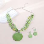 Layered Beads Statement Fashion Necklace Chunky Jewelry Set Big Colorful Glass Stone Circle Shell Pendant Choker Necklace and Earring Set for Women - color: Green