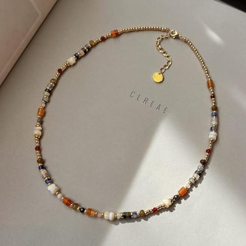 Handmade Natural Gemstone Beaded Necklace for Women, Cultured Freshwater Pearl Choker with Adjustable Extension Chain, Boho Healing Crystal Jewelry Collection - color: c Colorful