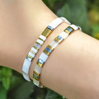 Tila Flat Beaded Bracelet for Women,Bohemian Colorful Stretch Square Glass Bead Elastic Layred Bracelet Stack, Handmade Boho Trendy Holiday Jewelry Accessories Friendship Gift - color: White Gold