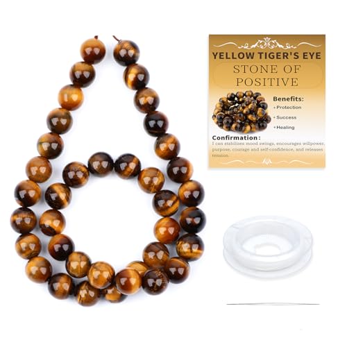 Natural Stone Beads Round Genuine Real Stone Beading Strand Loose Gemstones DIY Smooth Bead for Bracelet Necklace Earrings Jewelry Making (Yellow Tiger's Eye, 10mm 36 Pieces) - color: Yellow Tiger's Eye, size: 10mm 36pcs