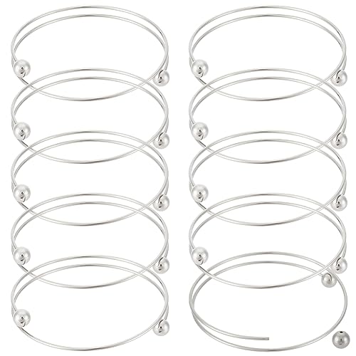 PH PandaHall 10pcs Stainless Steel Wire Bracelet Adjustable Bangle Bracelet Blank Cuff Bracelet with Removable Ball Bead Expandable Blank Bangle Bracelets for Jewelry Making, 2.5 inch - Platinum