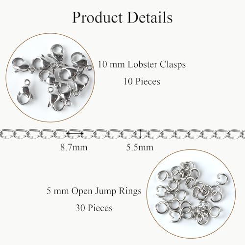 Jabogrii 5 Meters Oval Lip Jewelry Making Chains Silver Stainless Steel Chain with Lobster Clasps and Jump Rings for Jewelry Making - color: Oval Lip Silver
