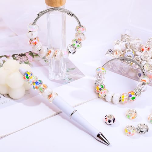 European Large Hole Spacer Beads Charm Fairy Wands Rhinestone Craft Beads for DIY Bracelet Jewelry Making (White) - color: White