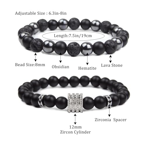 Natural Stone Bracelet 8mm Mens Black Beaded Bracelets Hematite Obsidian Onyx Lava Beads Bracelet Healing Crystal Bracelet for Men - style: Zircon Cylinder