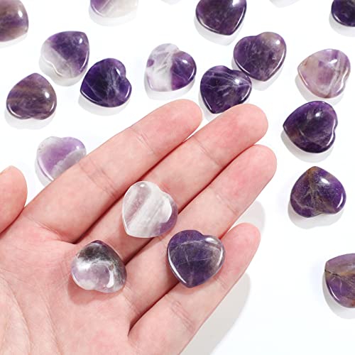 Patelai 24 Pcs Amethyst Heart Crystals Purple Heart Shaped Stones Natural Healing Worry Stones Mini Pocket Gemstone with Black Flannelette Bag for Valentines Gift Reiki Balancing - color: Purple