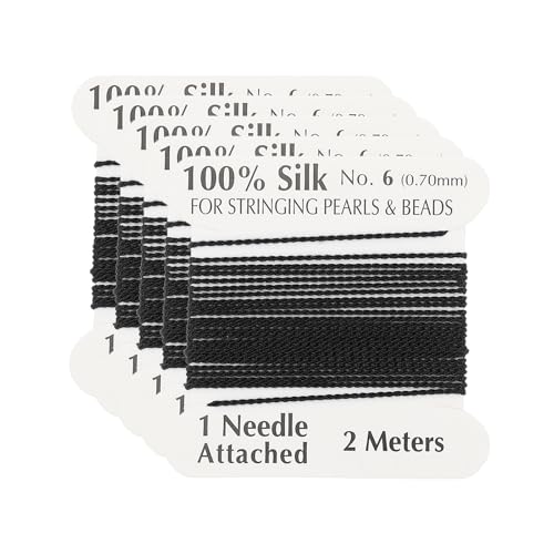 PATIKIL Silk Cord Thread, 5 Pcs Pure Silk Beading Thread Cord Size 0.6 mm with The Knotting Pearls Needle Attached, Black - color: Black