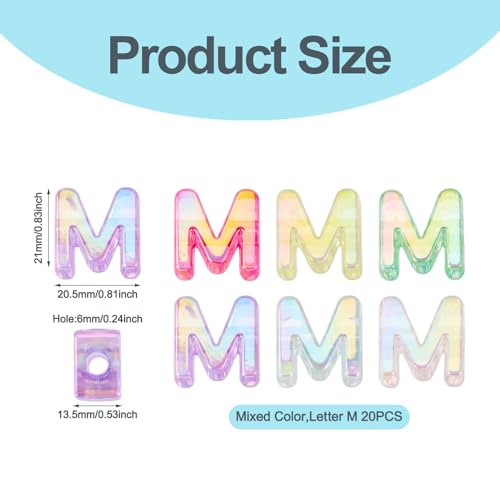 FASHEWELRY 20Pcs Large Hole Acrylic Beads Letter M Iridescent Big Plastic Letter Blocks European Beads Clear 3D Letters Initial Alphabet Bead for Keychains Necklace DIY Arts Craft - color: Random Clear, size: M