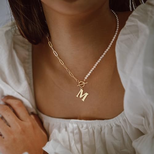 Yoosteel Pearl Initial Necklace for Women, Dainty Pearl Chain Choker Initial Necklaces for Women Toggle Clasp Paperclip Link Chain Necklace Jewelry Gifts - color: Gold, style: M