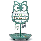 NIKKY HOME Earring Holder Stand Hanging Organizer Metal Jewelry Tree Cute Owl Ear Stud Holder Table Top Tower Rack with Ring Tray for Women Girls (134 Holes), Teal - color: Teal