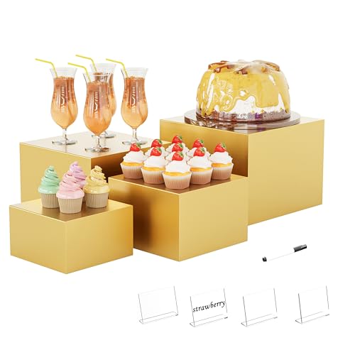 Metal Buffet Risers,4PCS Food Risers for Buffet Table 5in to 8in Display Stand with Mini Acrylic Signs for Catering Dessert Collectibles Jewelry Figures Show Gold Cube Boxes Nesting Risers with Hollow Bottoms - color: Gold, size: Regular(5IN to 8IN)