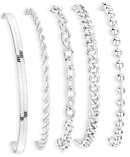 Gold Bracelets Set for Women Stack, Chunky Thick Bracelets Stack for Women Trendy, Simple Dainty Thin Gold Plated Cuff Stackable Bracelets With Beaded Cuban Paperclip Snake Rope Bangle Hand Chain Jewelry - style: Style 05-silver