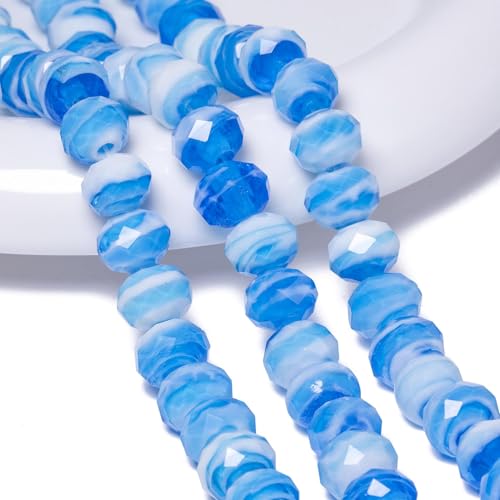 7.5×10mm 50pcs Light Blue White Faceted Lampwork Glass Beads for Jewelry Making, Flat Round Handmade Murano Beads for Bracelets, Crafts, Friendship Bracelet Kit, Rosary Making - color: Light Blue White