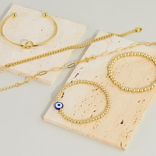 Gold Bracelets Set for Women Stack, Chunky Thick Bracelets Stack for Women Trendy, Simple Dainty Thin Gold Plated Cuff Stackable Bracelets With Beaded Cuban Paperclip Snake Rope Bangle Hand Chain Jewelry - style: Style 13-gold