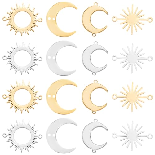 SUNNYCLUE 1 Box 32Pcs 8 Styles Moon Connector Charms Sun and Moon Charms Bulk Gold Silver Stainless Steel Hollow Crescent Connectors Pendants for Jewelry Making DIY Links Craft Supplies Earrings