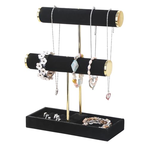 Necklace Holder,Bracelet Display,Jewelry Organizer Stand with Earrings Rings Tray,Jewelry Holder for Scrunchie Watches (Black, 2 Tier) - color: Black, size: 2 Tier