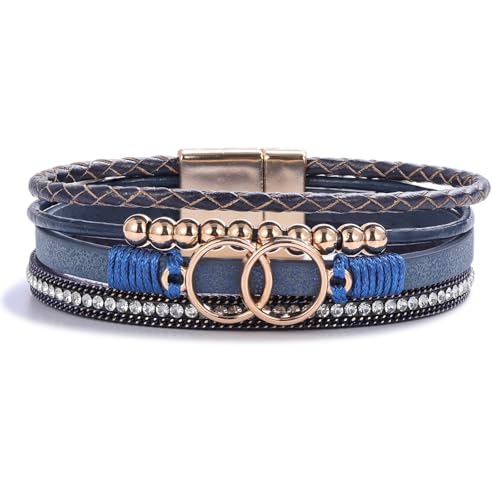 FANCY SHINY Mothers Day Gifts Boho Leather Wrap Bracelet Stackable Infinity Chunky Cuff Bracelets Western Hippie Outfits Jewelry Valentine Gifts for Women - color: Navy Blue