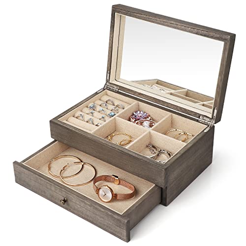 Meangood Jewelry Box Organizer for Women, 2 Layer Large Jewelry Storage Case, Rustic Wooden Jewelry Box with Mirror & Ring Tray for Necklace Earring Bracelets Rings, Vintage Style (Weathered Grey) - color: 2 Layer Weathered Grey, size: 2 Layer