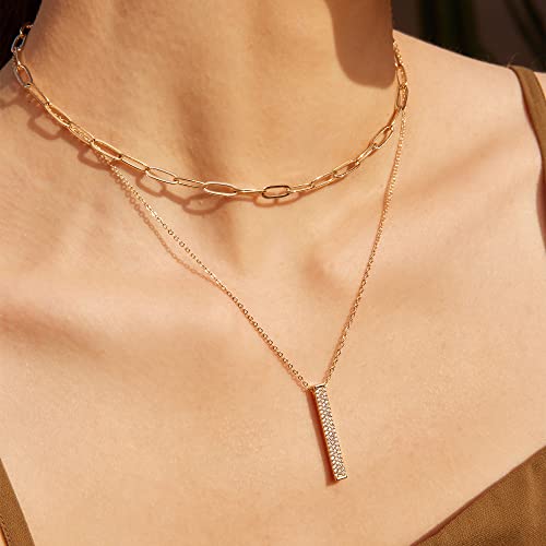Valloey Rover Gold Necklace for Women 14K Gold Plated Circle Cubic Zirconia Pendant Necklace Dainty Twist Rope Chain Necklace Simple Jewelry Gift for Women - style: Gold-Bar