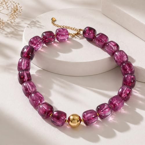 Mchic Colorful Beaded Choker Necklace for Women: Boho Large Square Acrylic Beaded Necklace Stainless Steel Adjustable Surfer Beach Strand Necklaces Summer Handmade Jewelry Gift for Women - color: Purple