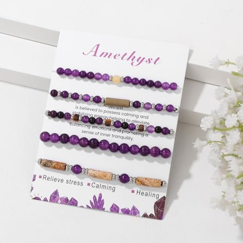 5Pcs Crystal Bracelet for Women Spiritual Natural Stone Bracelet Set Stackable Beaded Bracelets Healing Crystal Bracelet Gemstone Bead Bracelet Beaded Stretch Bracelets for Women - style: Amethyst