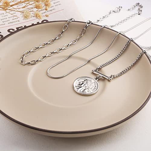 LANE WOODS Gold Plated Necklaces for Women - Multilayer Coin Medallion Pendant Necklace Adjustable Layering Choker Necklaces Chain Set Jewelry - style: Coin Medallion-Silver