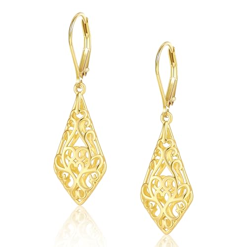 925 Sterling Silver Dangle Earrings for Women, 14K Gold Plated Filigree Dangling Leverback Earrings, Geometric Hypoallergenic Lightweight Dangly Drop Earings for Women Trendy Jewelry Gifts - color: A-14K Gold