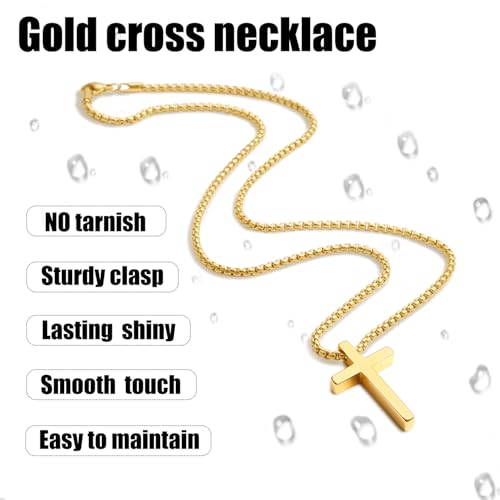 Fiusem Cross Necklace for Men, Silver/Gold/Black Mens Cross Necklaces with 2.5mm Cross Chain and Stainless Steel Cross Pendant, Box Chain 16-24 Inch, Jewelry Gift - size: 16.0 Inches, style: Small Golden cross: 1.2" * 0.7"