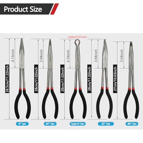 5 Pack 11" Precision Long Nose Pliers Set with Insulated Comfort Grip Handles,Straight Long Needle Nose Pliers, 25/45/90° Curved & Circle for Wire Shaping/Trimming - size: 5pcs-11"