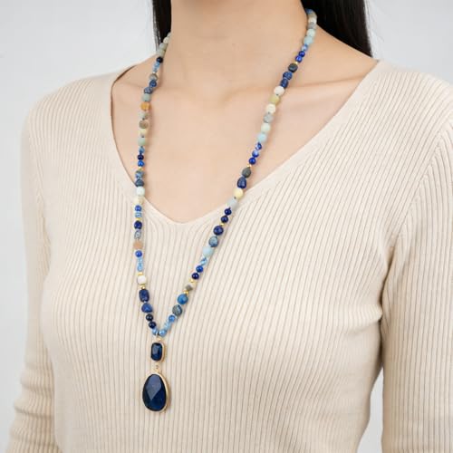 2 Pcs Boho Lapis Lazuli Jewelry Set for Women - Handmade Natural Stone Beaded Long Necklace with Oval Lapis Lazuli Pendant & Trapezoid Lapis Lazuli Earrings | Vintage Elegance | Ideal Gift for Her - style: Lapis Lazuli Pendant