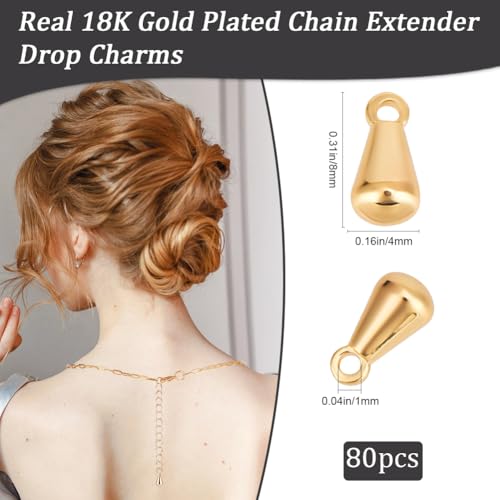 Beebeecraft 1 Box 80Pcs Teardrop Charms Dangle End Beads Extender Chain Drop Water Charms for Jewelry Making Findings - color: Gold, size: 8x4mm