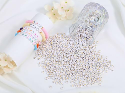 LAIDANLA 1500PCS Acrylic Letter Beads Alphabet Gold Letters White Round Bead 7×4mm for Jewelry Bracelets Necklaces Key Chains Making - color: A-Gold Letter White Beads