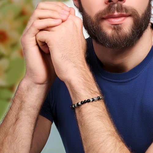 LeCalla Handmade Sterling Silver Mens Bracelets | Solid Italian 925 Chain Bracelets | Classic Designs Chain Bracelets for Men | Men's Silver Bracelet Gift for Dad, Boyfriend, Son - style: Stretchable Black Onyx Bead